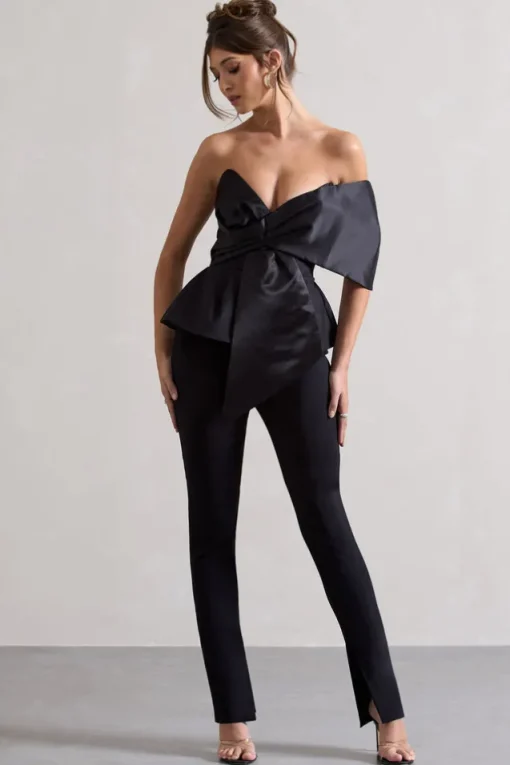 Mayfair | Black Asymmetric Bardot Top With Peplum Hem