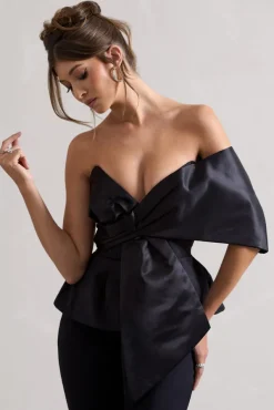 Mayfair | Black Asymmetric Bardot Top With Peplum Hem