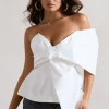 Mayfair | White Asymmetric Bardot Top With Peplum Hem
