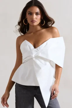 Mayfair | White Asymmetric Bardot Top With Peplum Hem