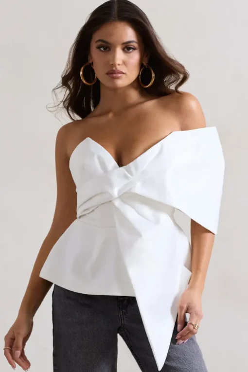Mayfair | White Asymmetric Bardot Top With Peplum Hem