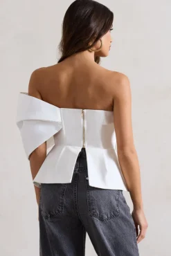 Mayfair | White Asymmetric Bardot Top With Peplum Hem