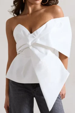 Mayfair | White Asymmetric Bardot Top With Peplum Hem