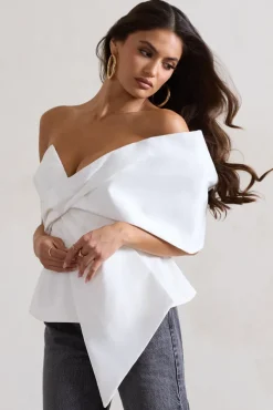 Mayfair | White Asymmetric Bardot Top With Peplum Hem