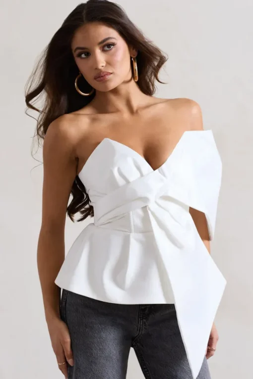 Mayfair | White Asymmetric Bardot Top With Peplum Hem