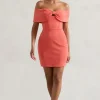 Megan | Coral Bow Bardot Mini Dress