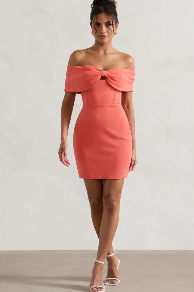 Megan | Coral Bow Bardot Mini Dress