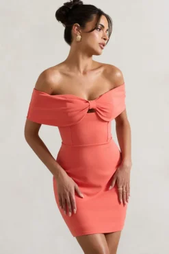 Megan | Coral Bow Bardot Mini Dress