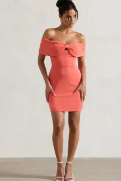 Megan | Coral Bow Bardot Mini Dress