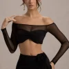 Mei | Black Mesh Bardot Crop Top