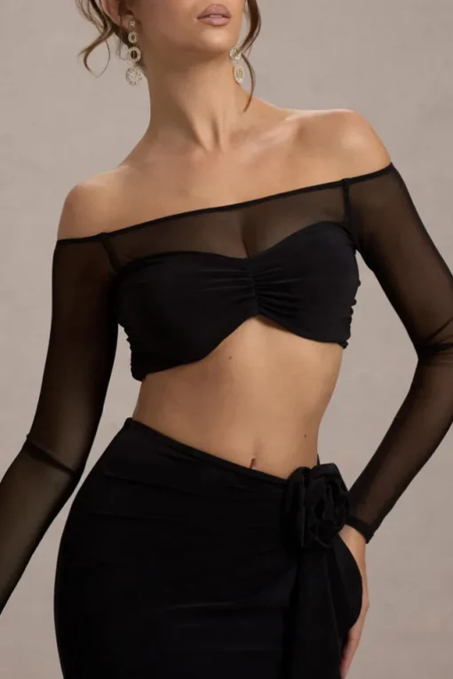 Mei | Black Mesh Bardot Crop Top