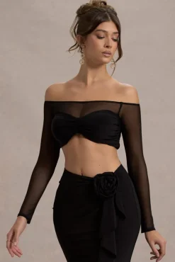 Mei | Black Mesh Bardot Crop Top