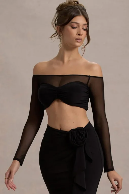 Mei | Black Mesh Bardot Crop Top