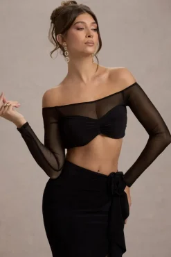 Mei | Black Mesh Bardot Crop Top