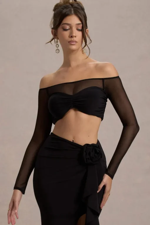 Mei | Black Mesh Bardot Crop Top