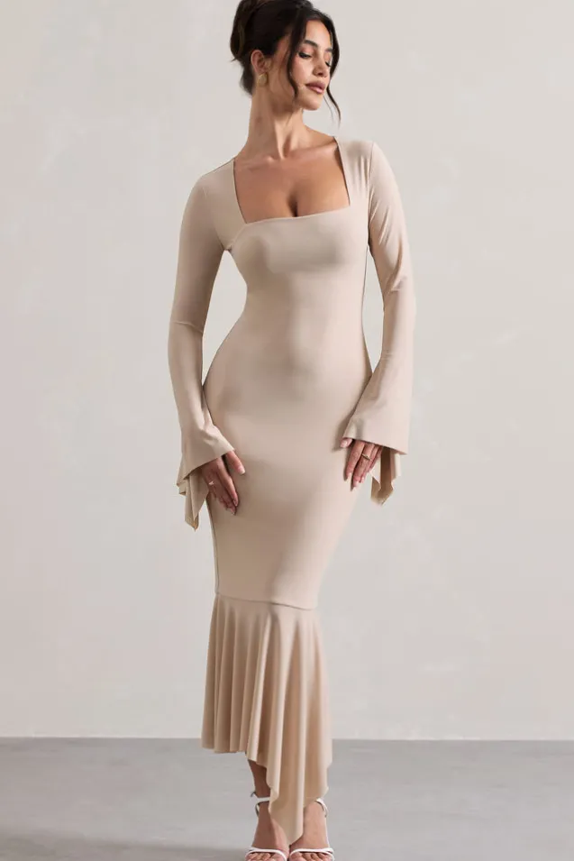 Meliora | Champagne Square-Neck Flute-Sleeve Asymmetric Midi Dress