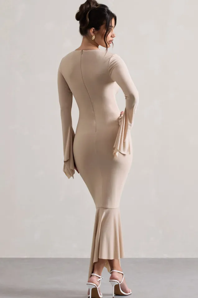 Meliora | Champagne Square-Neck Flute-Sleeve Asymmetric Midi Dress
