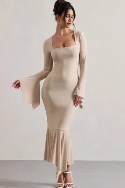 Meliora | Champagne Square-Neck Flute-Sleeve Asymmetric Midi Dress
