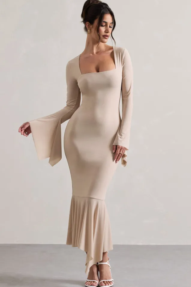 Meliora | Champagne Square-Neck Flute-Sleeve Asymmetric Midi Dress