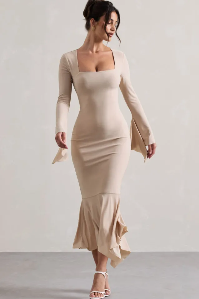 Meliora | Champagne Square-Neck Flute-Sleeve Asymmetric Midi Dress