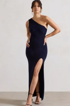 Melody | Navy One Shoulder Cowl-Back Split Maxi Dress