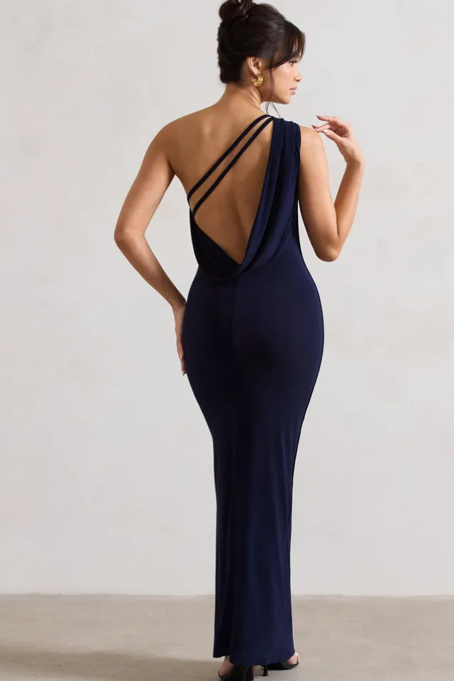 Melody | Navy One Shoulder Cowl-Back Split Maxi Dress