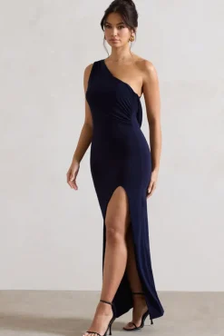 Melody | Navy One Shoulder Cowl-Back Split Maxi Dress
