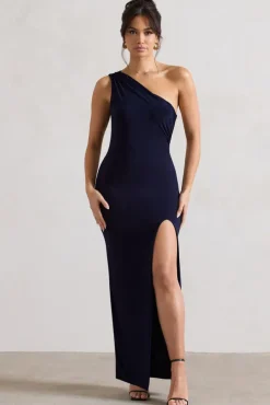 Melody | Navy One Shoulder Cowl-Back Split Maxi Dress
