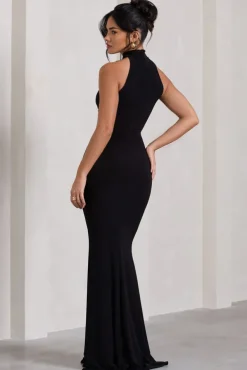 Memorable | Black Ruched High-Neck Split Fishtail Maxi Dress
