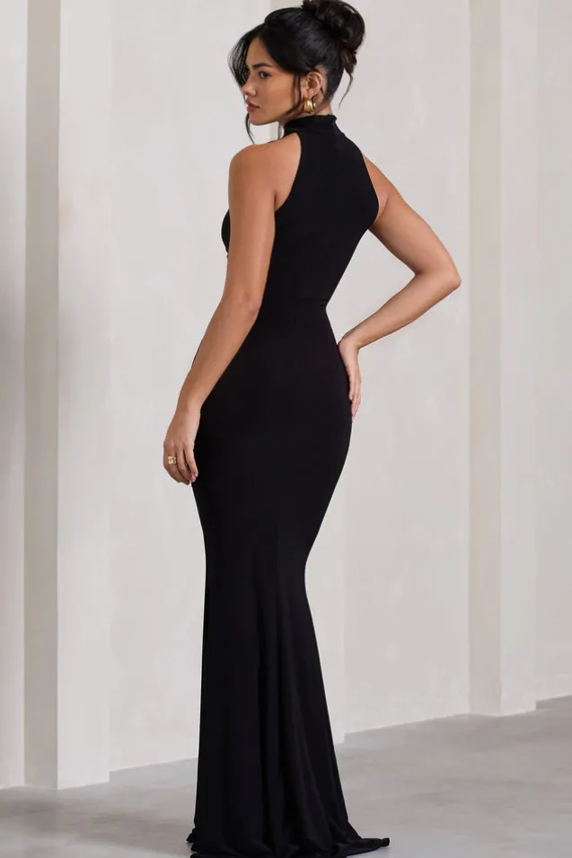 Memorable | Black Ruched High-Neck Split Fishtail Maxi Dress