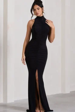 Memorable | Black Ruched High-Neck Split Fishtail Maxi Dress