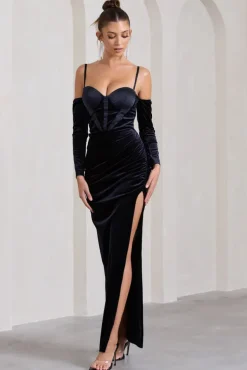 Meribel | Navy Velvet u0026 Satin Long-Sleeved Corset Maxi Dress