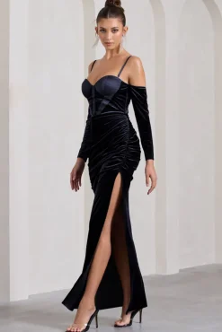 Meribel | Navy Velvet u0026 Satin Long-Sleeved Corset Maxi Dress