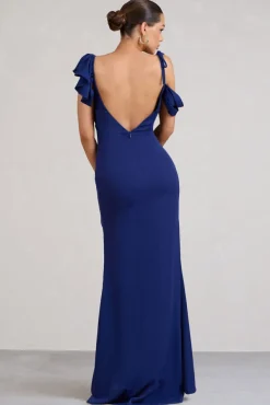 Merlot | Navy Asymmetric Draped Split Maxi Dress