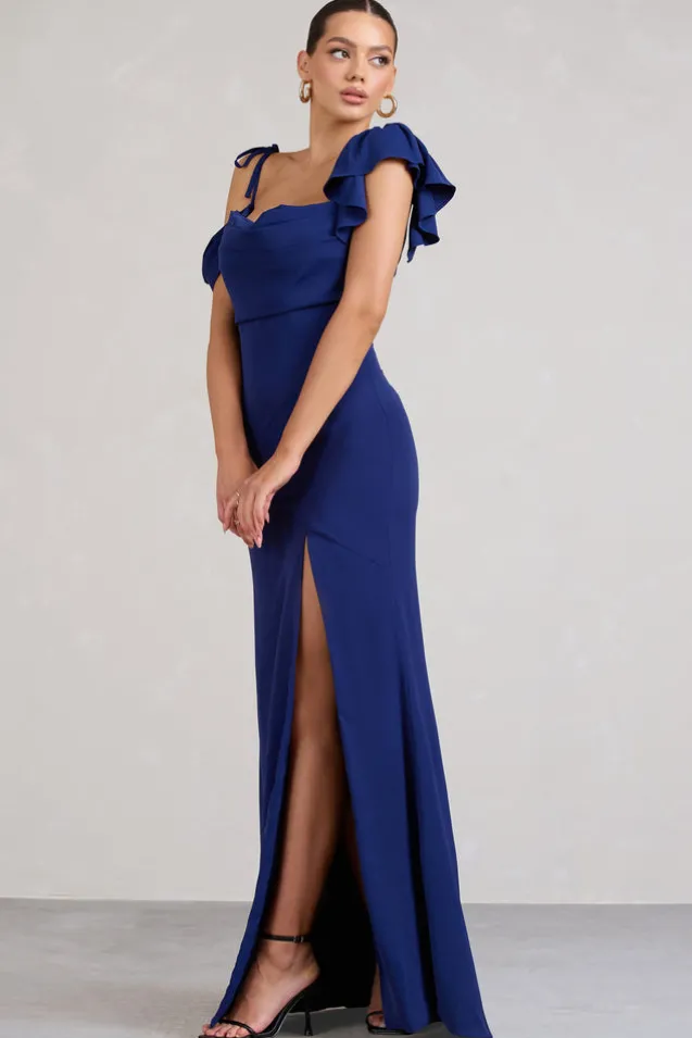 Merlot | Navy Asymmetric Draped Split Maxi Dress