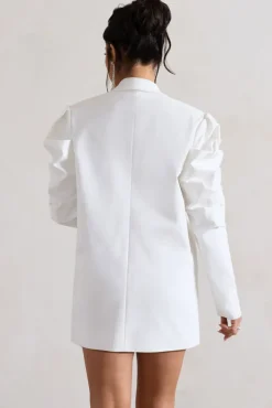 Metropolitan | White Cotton Oversized Blazer Mini Dress With Puff Sleeves