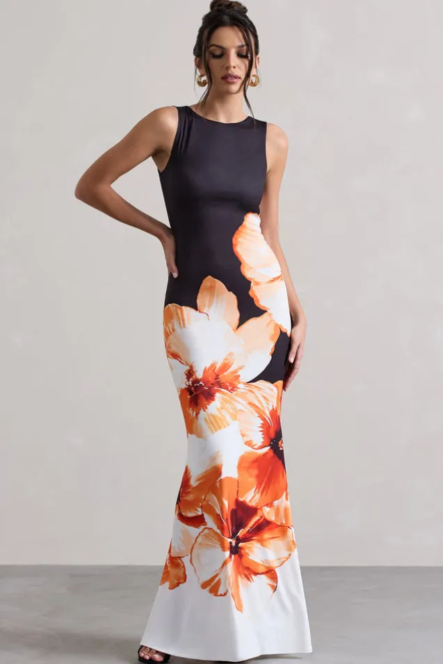 Micah | Black u0026 Orange Floral Print Racer-Neck Maxi Dress