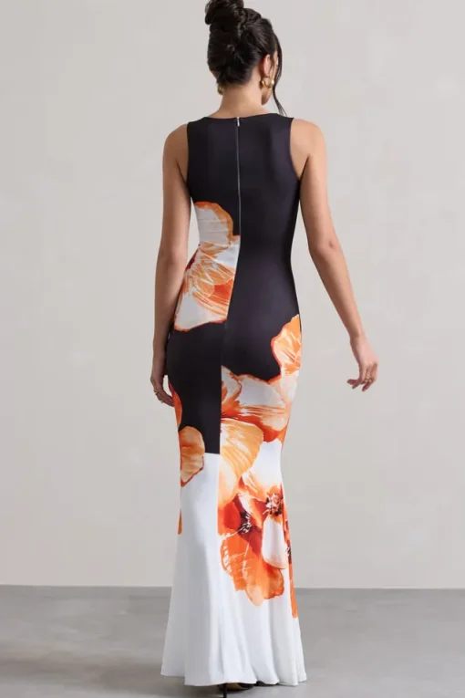 Micah | Black u0026 Orange Floral Print Racer-Neck Maxi Dress