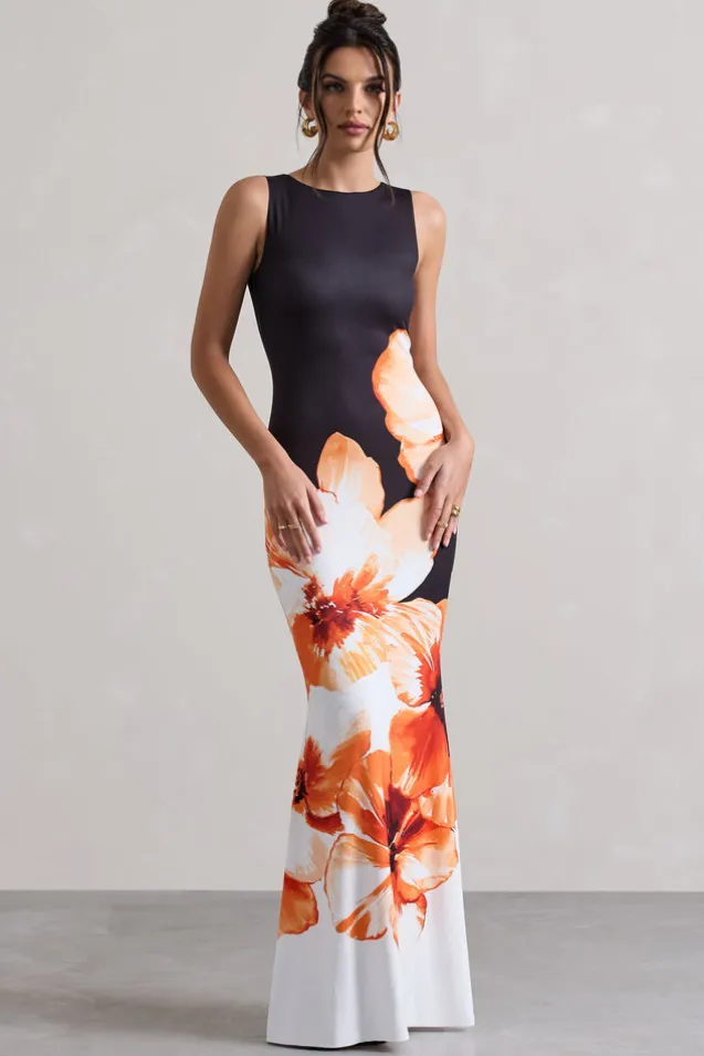 Micah | Black u0026 Orange Floral Print Racer-Neck Maxi Dress