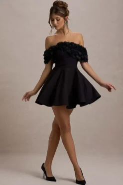 Micro Muse | Black Floral Bardot Mini Dress