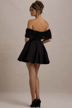 Micro Muse | Black Floral Bardot Mini Dress