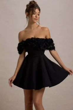 Micro Muse | Black Floral Bardot Mini Dress