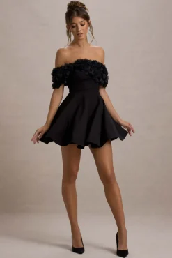 Micro Muse | Black Floral Bardot Mini Dress