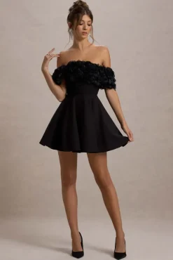 Micro Muse | Black Floral Bardot Mini Dress