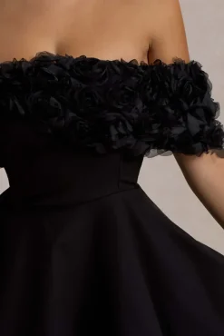 Micro Muse | Black Floral Bardot Mini Dress