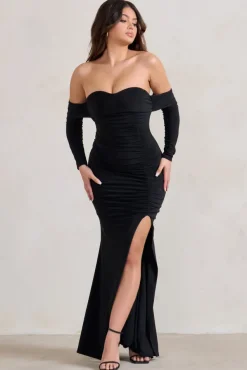 Midnight | Black Draped Long Sleeve Maxi Dress