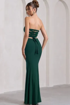 Midnight Calling | Bottle Green Bandeau Split Lace-Up Maxi Dress