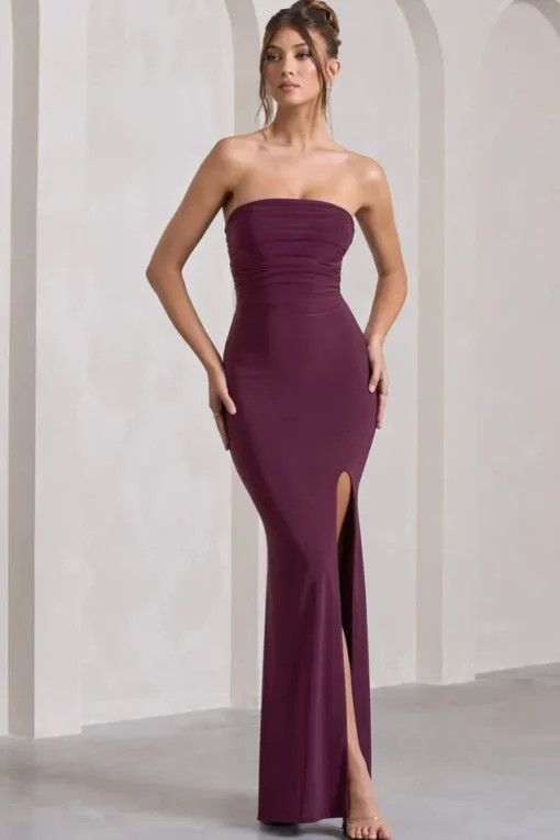 Midnight Calling | Plum  Bandeau Split Lace-Up Maxi Dress
