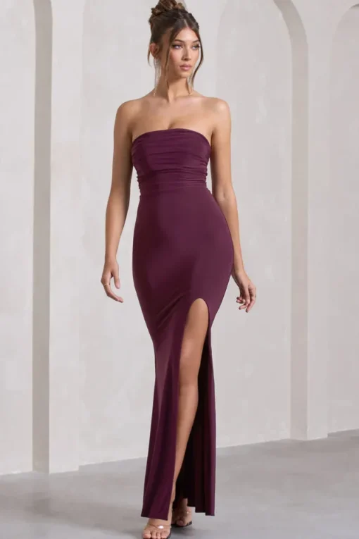 Midnight Calling | Plum  Bandeau Split Lace-Up Maxi Dress