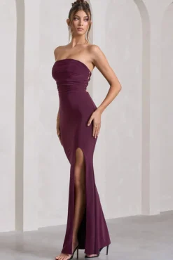 Midnight Calling | Plum  Bandeau Split Lace-Up Maxi Dress